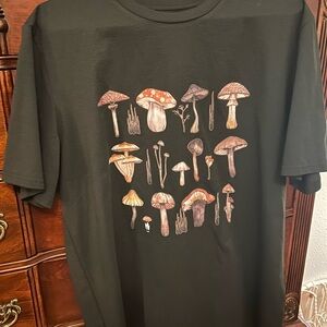 Graphic Black Tee with Mushroom Design